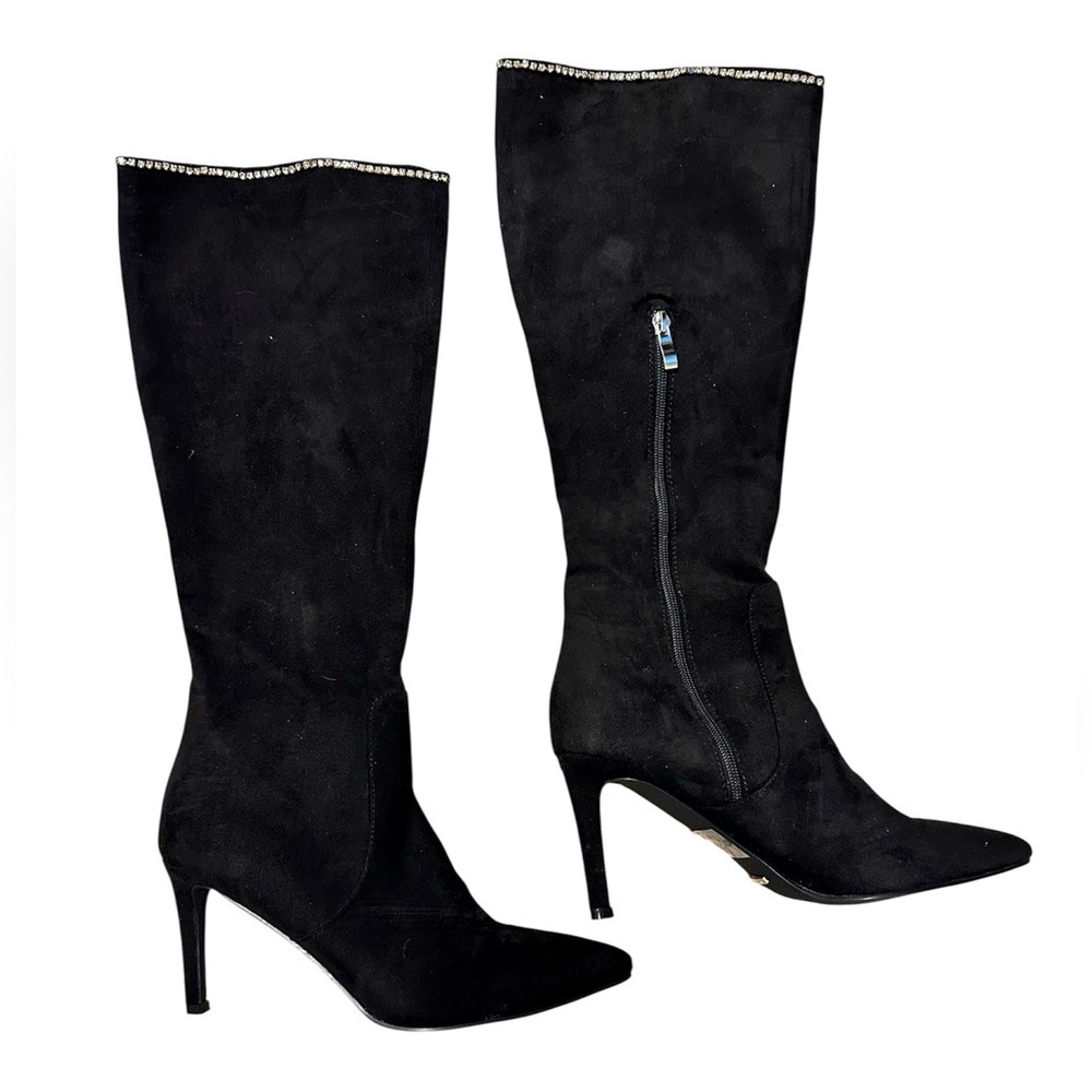 Brea Stiletto Heel Mid Calf Boots, Rhinestone Embellishments, Black, Size 8